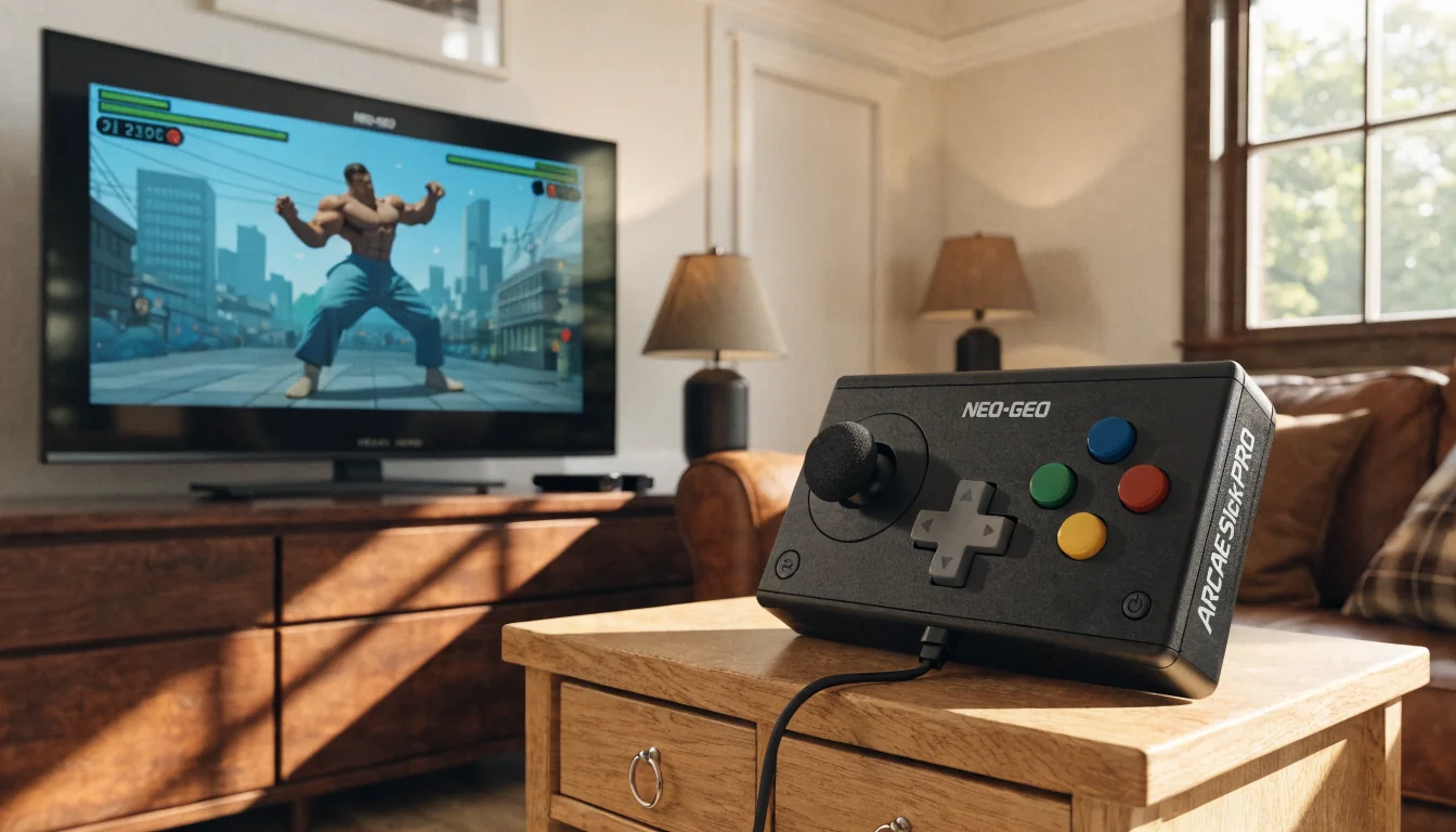 Neo Geo Arcade Stick Pro connected to TV with classic game on screen
