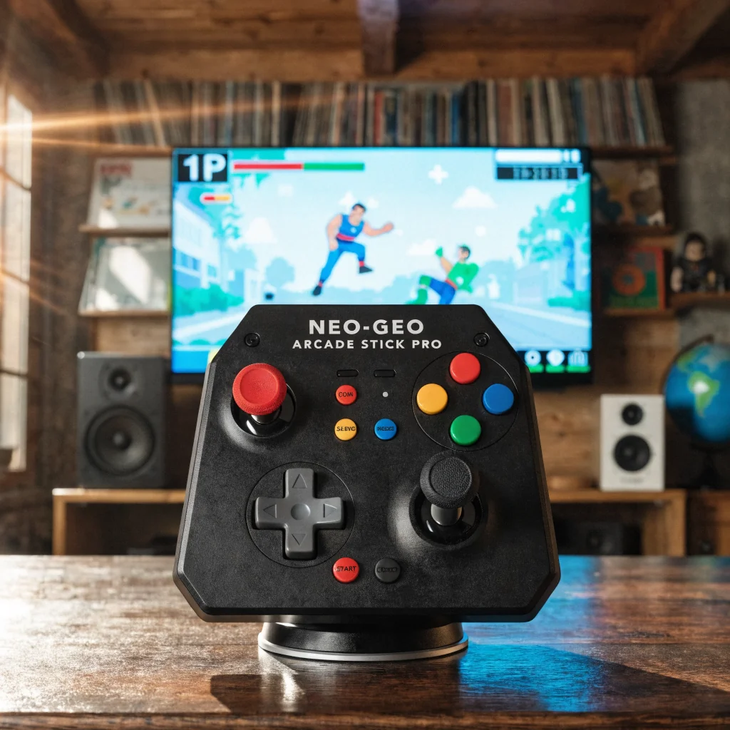 Neo Geo Arcade Stick Pro on desk with TV showing classic fighting game in background