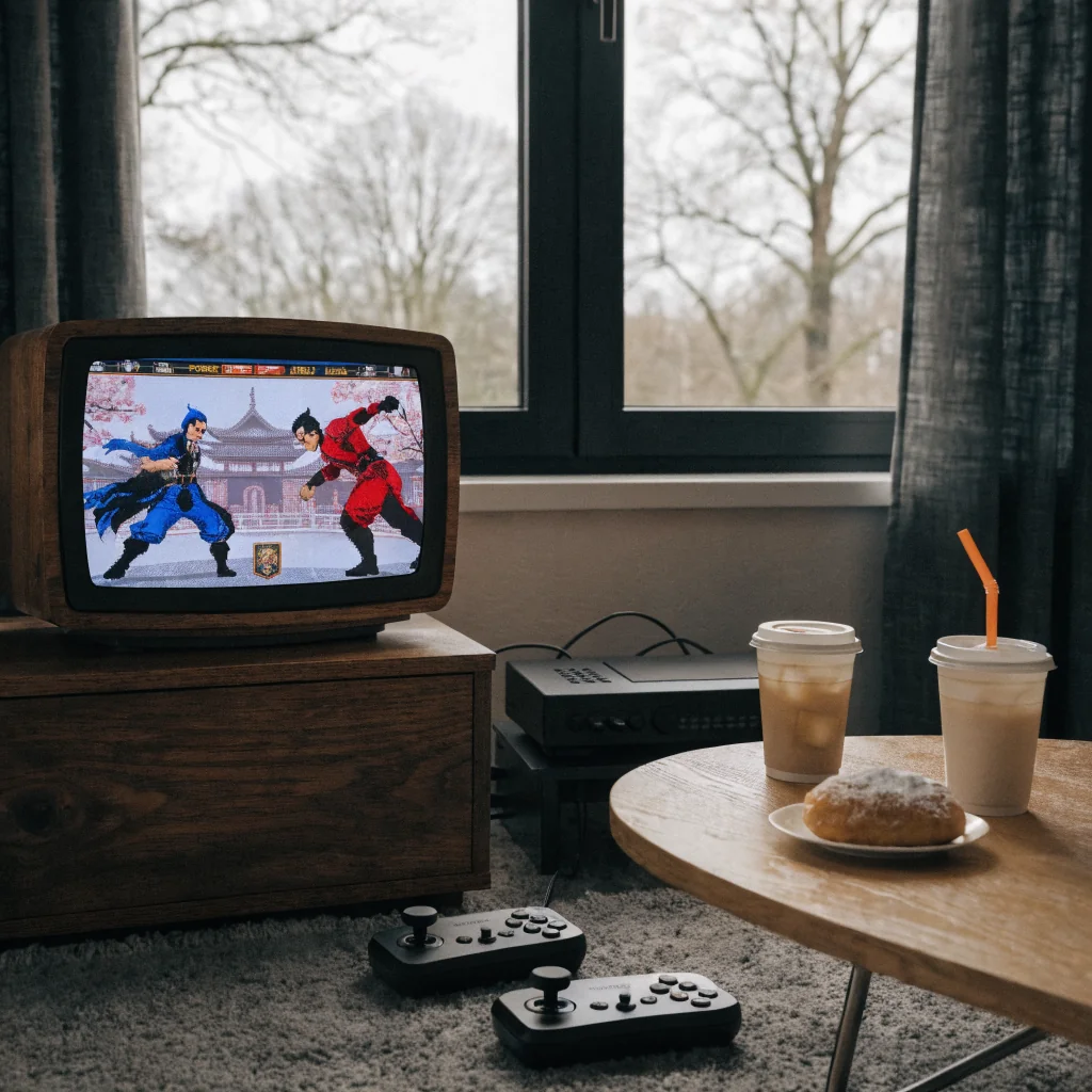 Classic Neo Geo Samurai Shodown or fighting game on TV screen