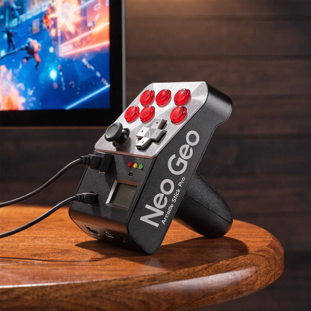 Neo Geo Arcade Stick Pro with HDMI and USB cables on gaming desk