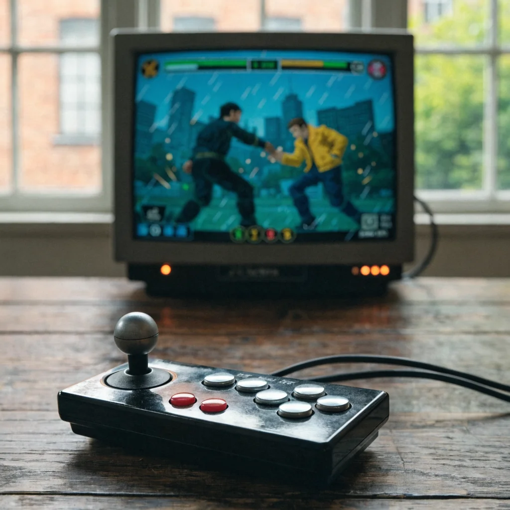 Classic SNK fighting game gameplay on monitor with arcade stick in foreground