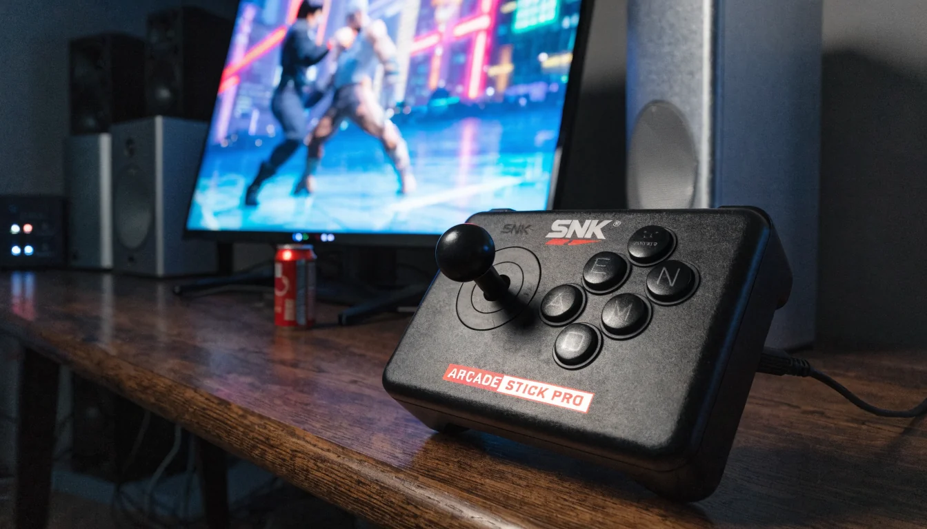 Neo Geo Arcade Stick Pro on desk with HDMI and classic fighting game on screen