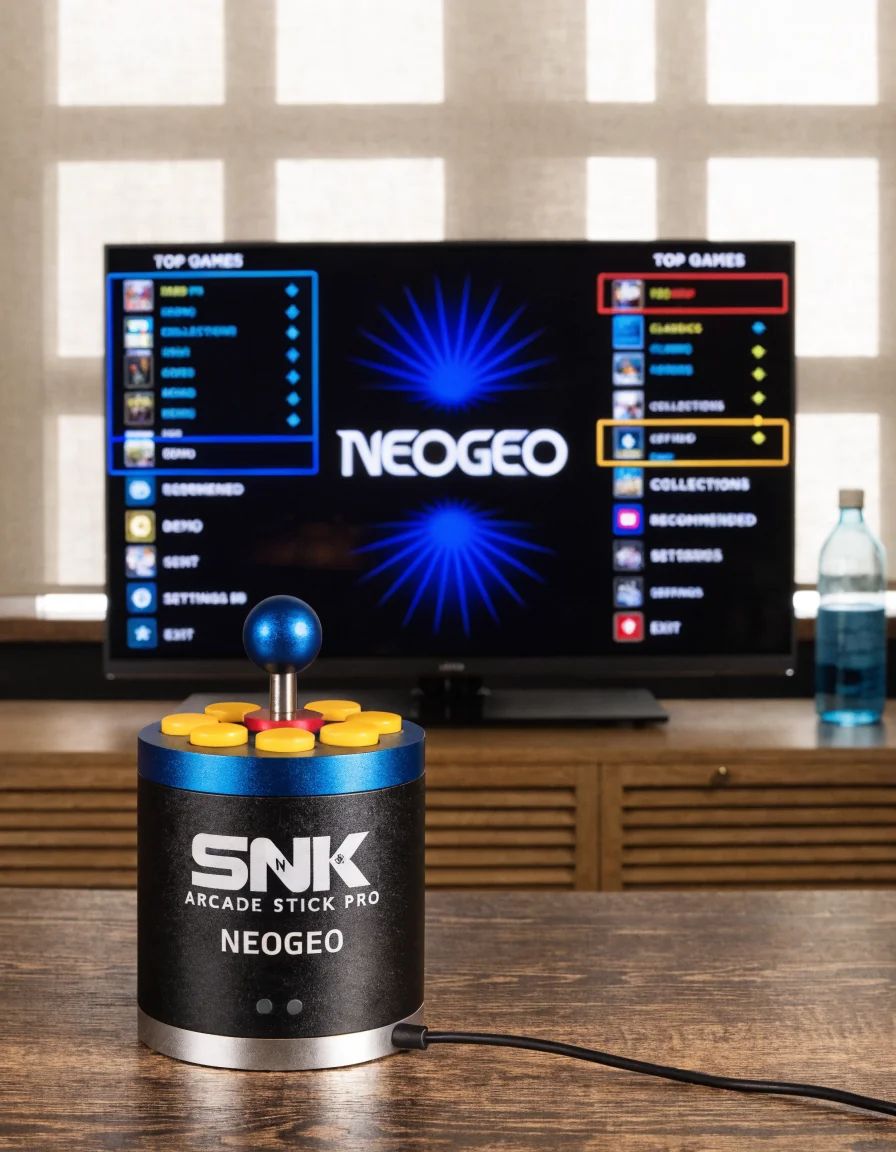 Neo Geo Arcade Stick Pro with game selection menu on screen